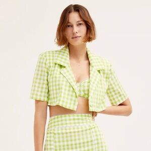 For Love & Lemons Maureen Blazer Crop Top Green White Boho Women’s Sz XS FLAW